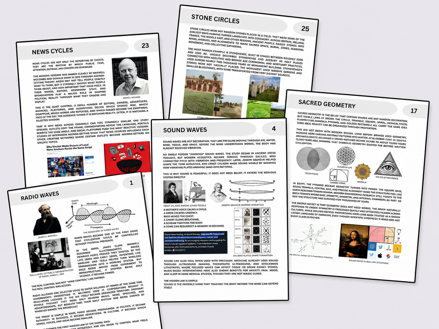 Collection of educational or informational pages on various topics including news cycles, stone circles, sacred geometry, and sound waves.